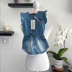 Blue Denim Romper with Floral Embroidery 1-2 Y